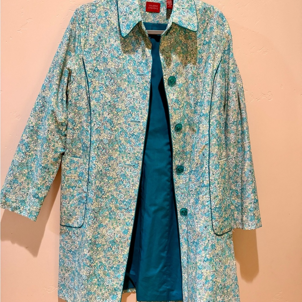 Vintage floral teal women’s trench coat sz medium